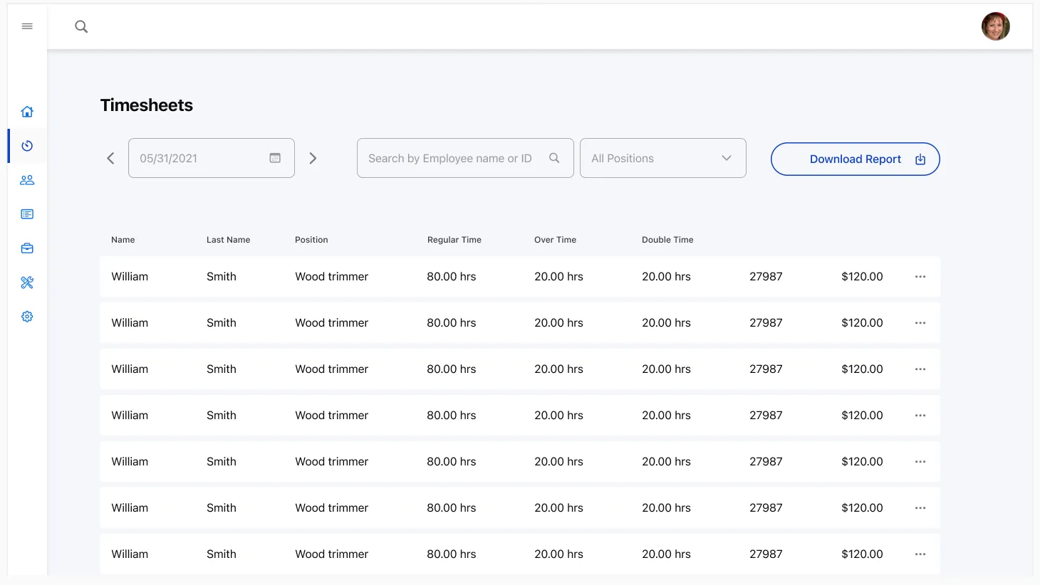 Vista de timesheets en el dashboard admin